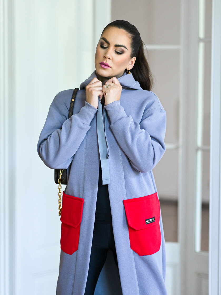 KARDIGAN LIGHT GRAY & RED / 2 DĹŽKY NA VÝBER !