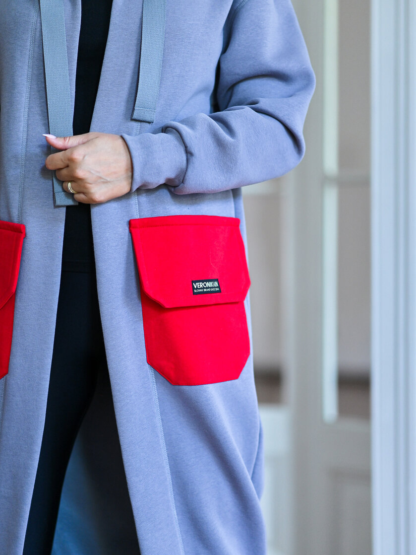 KARDIGAN LIGHT GRAY & RED / 2 DĹŽKY NA VÝBER !