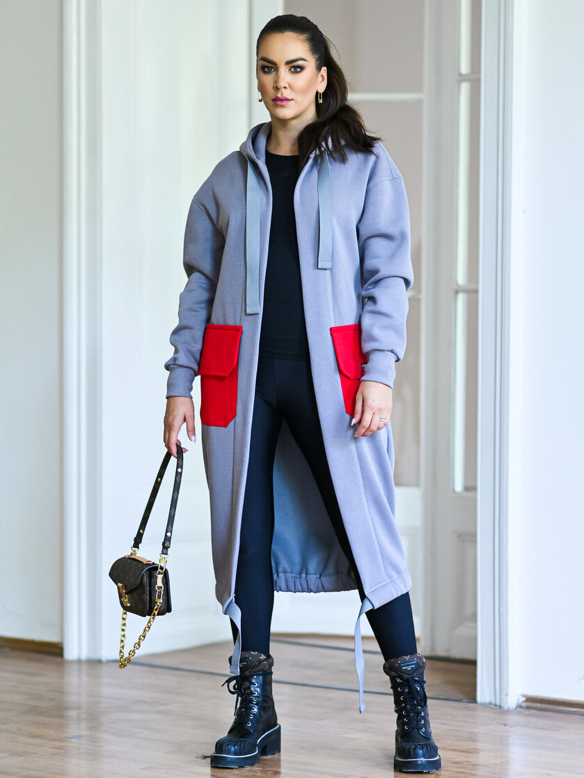 KARDIGAN LIGHT GRAY & RED / 2 DĹŽKY NA VÝBER !