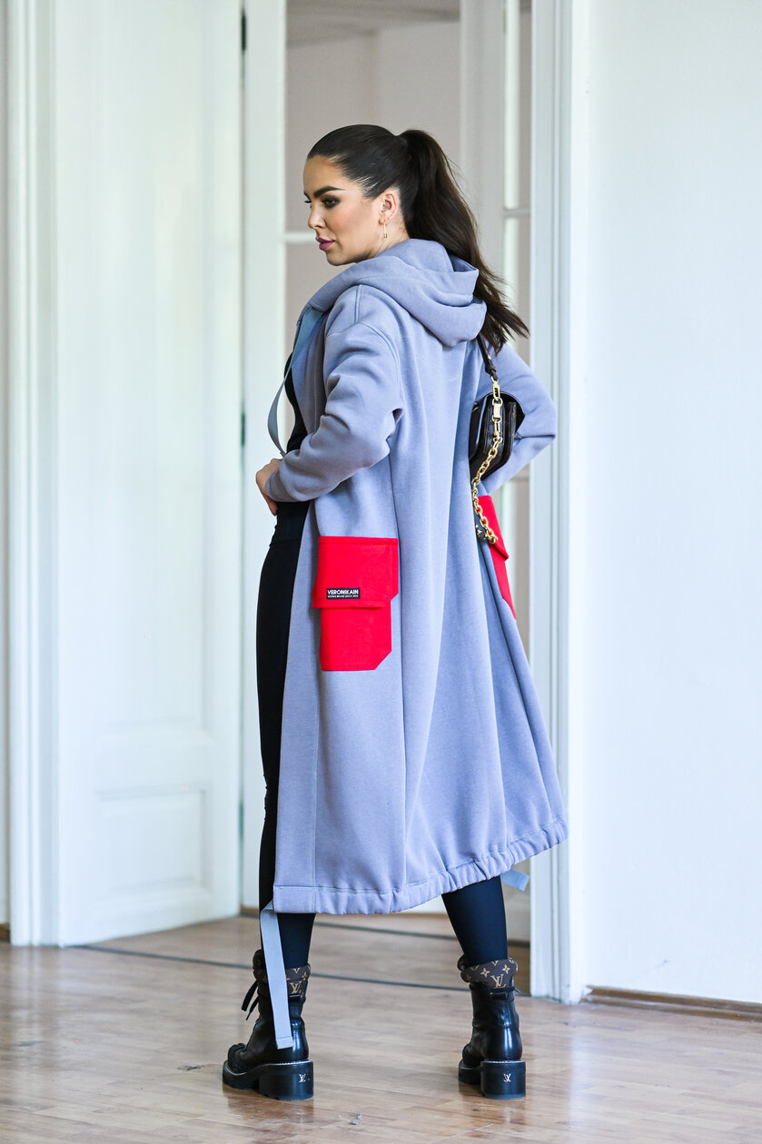 KARDIGAN LIGHT GRAY & RED / 2 DĹŽKY NA VÝBER !