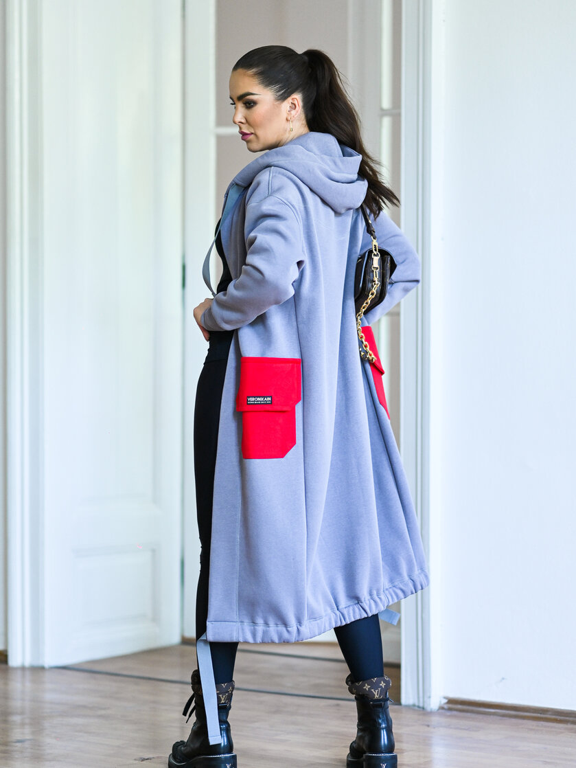 KARDIGAN LIGHT GRAY & RED / 2 DĹŽKY NA VÝBER !