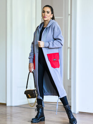 KARDIGAN LIGHT GRAY & RED / 2 DĹŽKY NA VÝBER !