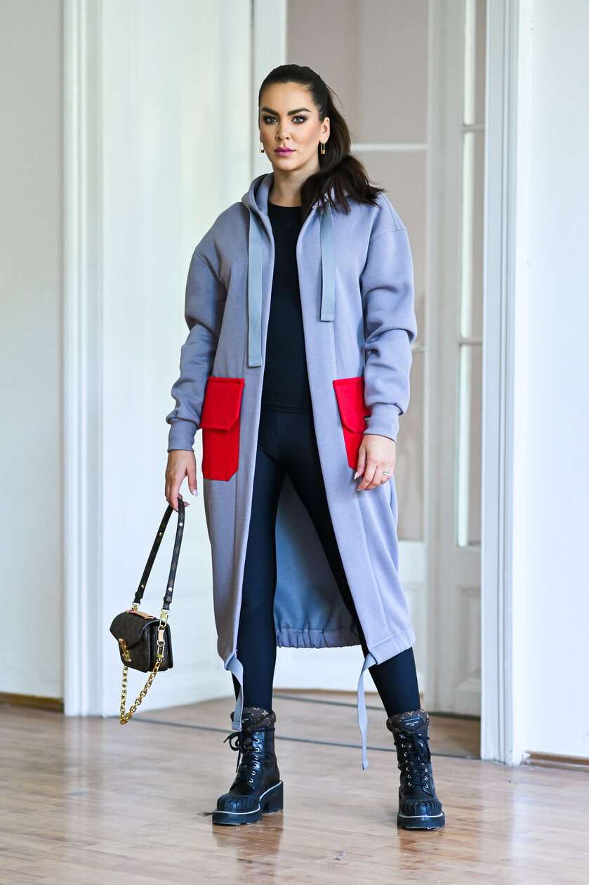 KARDIGAN LIGHT GRAY & RED / 2 DĹŽKY NA VÝBER !