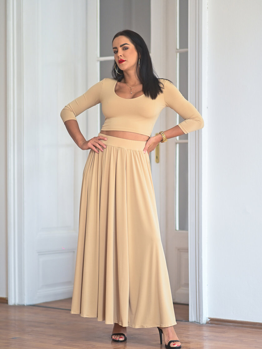KOMPLET DLHÁ SUKŇA + CROP TOP S VÝSTRIHOM - RÔZNE DĹŽKY RUKÁVA / VŠETKY FARBY