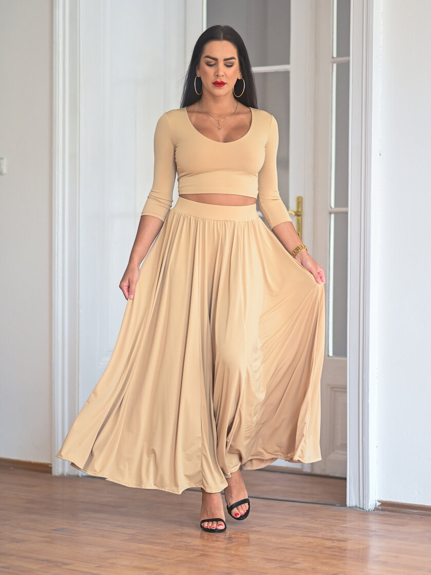 KOMPLET DLHÁ SUKŇA + CROP TOP S VÝSTRIHOM - RÔZNE DĹŽKY RUKÁVA / VŠETKY FARBY