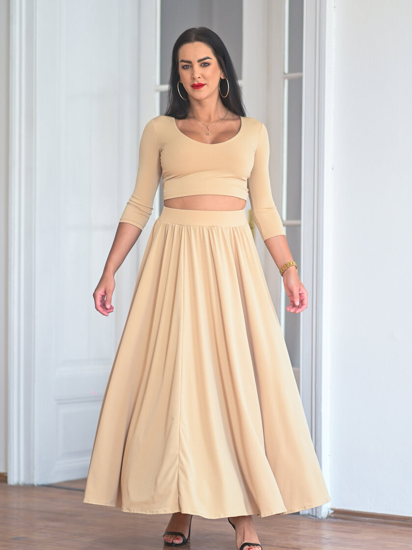 KOMPLET DLHÁ SUKŇA + CROP TOP S VÝSTRIHOM - RÔZNE DĹŽKY RUKÁVA / VŠETKY FARBY
