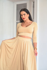 KOMPLET DLHÁ SUKŇA + CROP TOP S VÝSTRIHOM - RÔZNE DĹŽKY RUKÁVA / VŠETKY FARBY