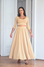 KOMPLET DLHÁ SUKŇA + CROP TOP S VÝSTRIHOM - RÔZNE DĹŽKY RUKÁVA / VŠETKY FARBY