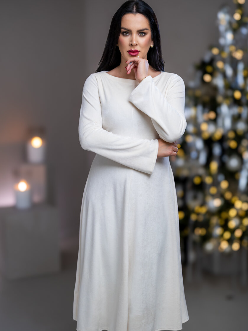 MIDI ŠATY “PARIS” S LODIČKOVÝM VÝSTRIHOM A ROZŠÍRENÝMI RUKÁVMI