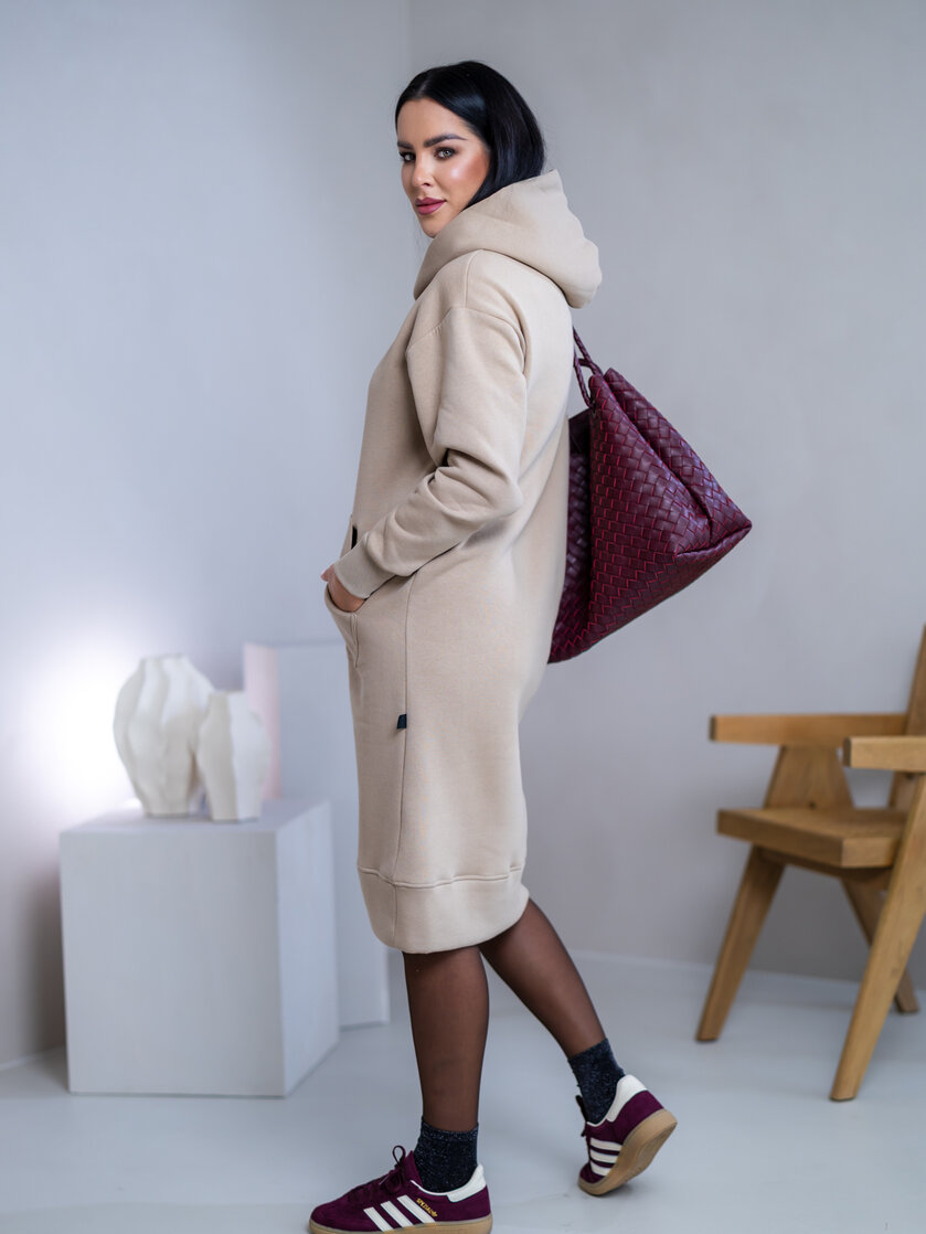 MIERNE VOĽNÉ MIKINOŠATY “KARLA” - S KAPUCŇOU A VRECKOM - MIDI DĹŽKA