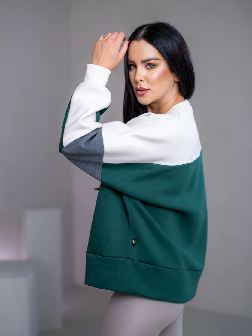 MIKINA “KONTRASTY” - DEEP GREEN / OFF WHITE / DARK GRAY MELAGNE
