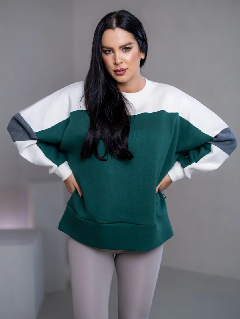 MIKINA “KONTRASTY” - DEEP GREEN / OFF WHITE / DARK GRAY MELAGNE