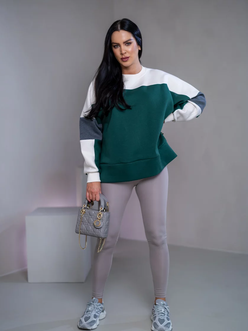 MIKINA “KONTRASTY” - DEEP GREEN / OFF WHITE / DARK GRAY MELAGNE
