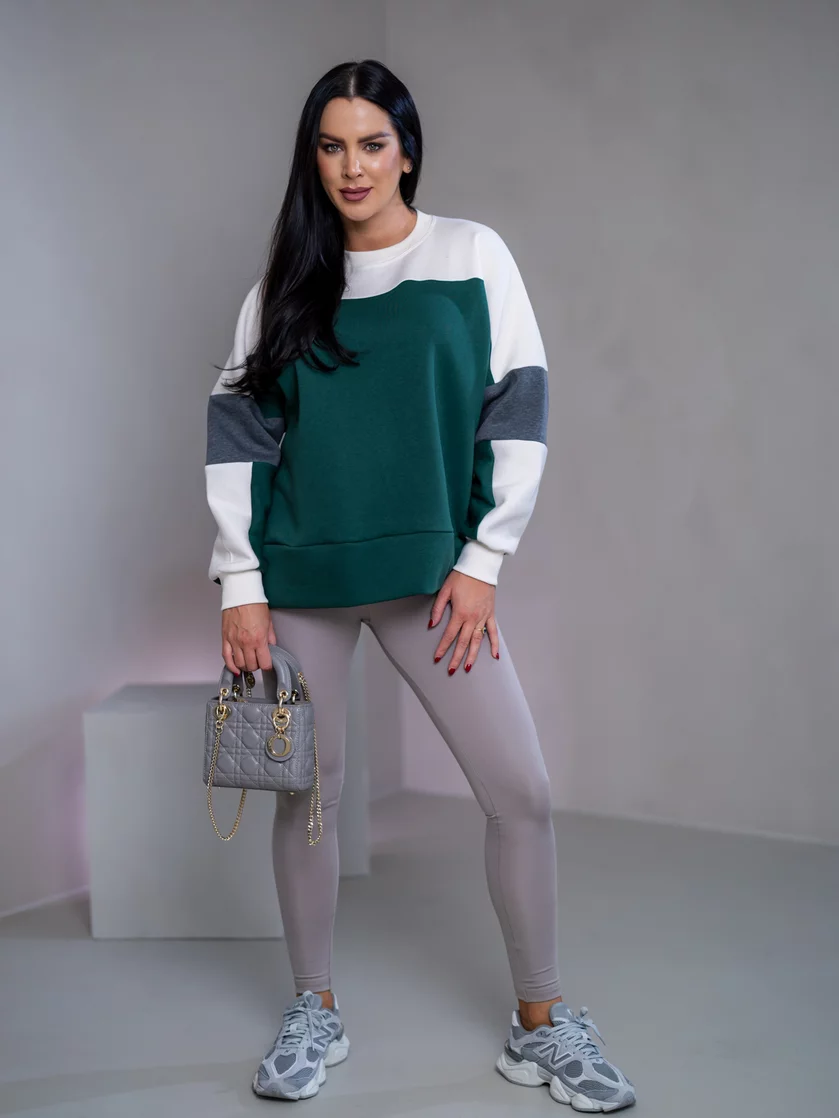 MIKINA “KONTRASTY” - DEEP GREEN / OFF WHITE / DARK GRAY MELAGNE
