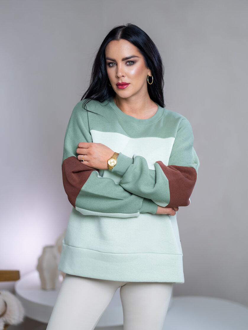 MIKINA “KONTRASTY” - SOFT MATCHA / LIGHT OLIVE / BROWN